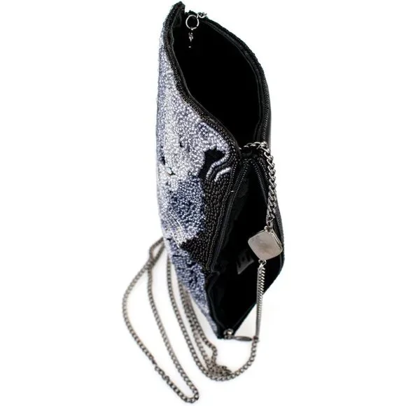 Wild Cat Snow Leopard Beaded Crossbody Cell Phone Bag Grey Black Evening Clutch
